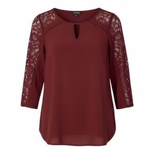 Express Burgundy Lace Sleeve Keyhole Back Blouse Deep Red Size Medium Women's
